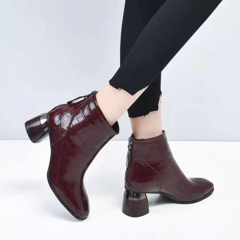 Women's Shoes Spring and Autumn Soft Leather Square Toe Fashion Thick-heeled Mid-heel Short Boots