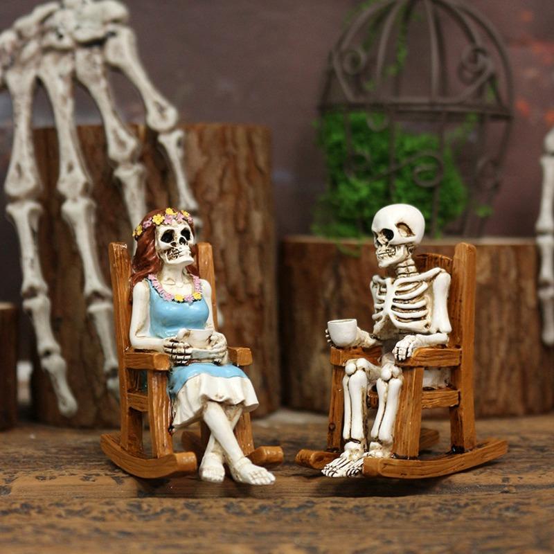 Rocking Chair, Skeleton Couple Statue Set, Halloween Home Table Decoration, Resin Handicrafts