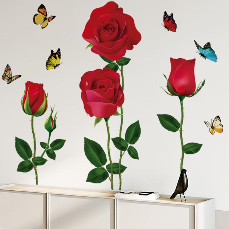 Valentine's Day Gift Red Rose Wall Sticker Classic Romantic Home Decor for Living Room Bedroom