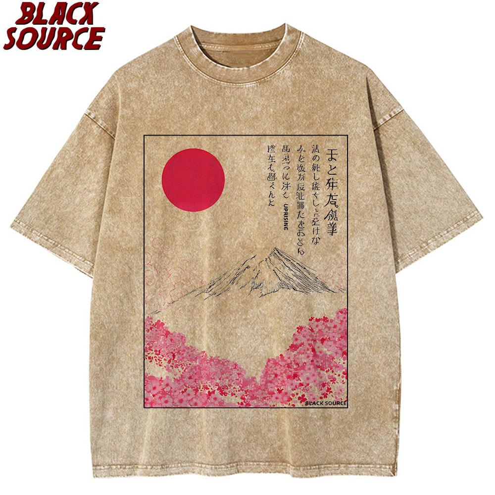 T Mount Fuji Cherry Blossoms Prints Washed TShirts Womens Cotton Short Sleeve Tops Summer ONeck Oversized T Shirt Basic