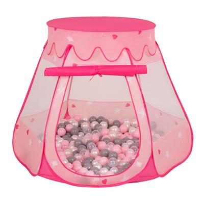 Selonis Play Tent 105x90cm/300 Balls Castle House Pop Up Ballpit Plastic Balls for Kids, Pink:pearl-grey-transpa-powder Pink