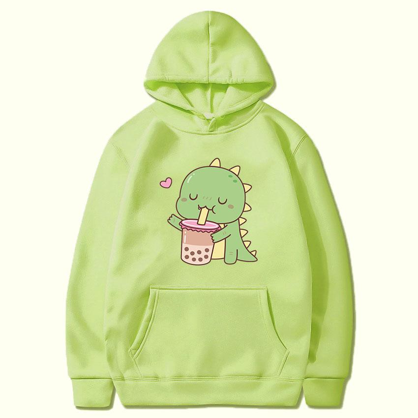 Bubble Tea Kawaii Dinosaur Print Hoodies 2021 Woman Man Autumn Hooded Clothes Milk Tea Pullover Female Hip Hop Casual Streetwear