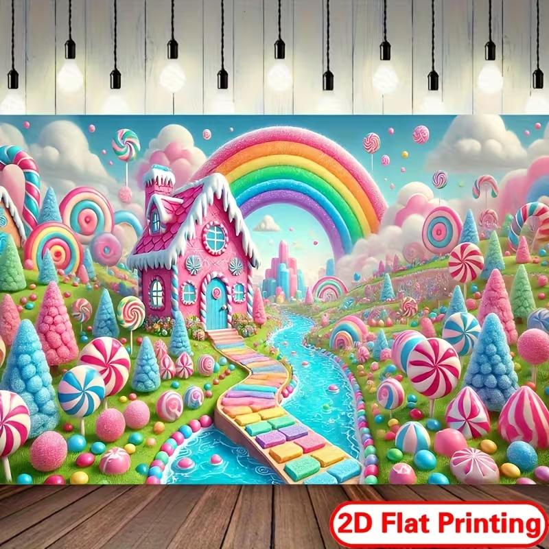 

2D Candy Land Photography Backdrop, Magical Rainbow Candy House Background 47.2x31.5inch/120*80cm