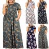 Vestido largo con bolsillo suelto y estampado de manga corta de verano informal con cuello redondo para mujer de talla grande