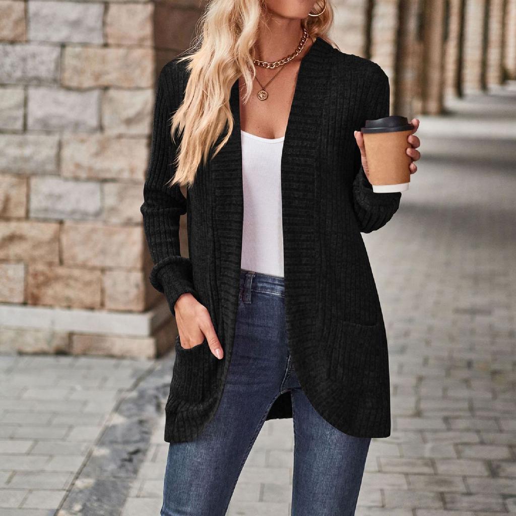 Women Ladies Solid Color Long Sleeve Length Cardigan Sweater Coat Top