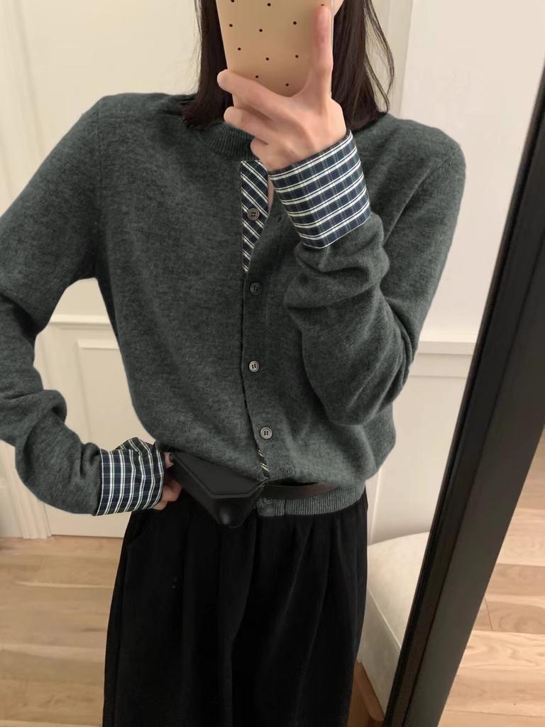 Fake two-piece button-knitted jacket women's spring plaid splicing sweater casual lazy top cardigan