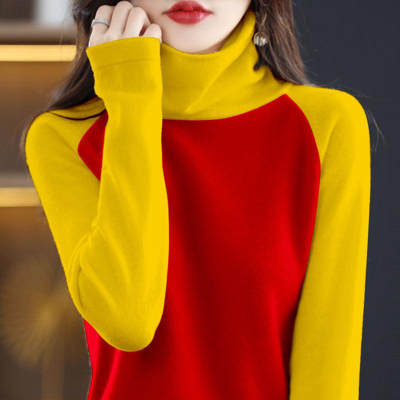 Autumn Women's Knitted Sweater Thin Long Sleeve Turtleneck Loose Knitted Bottom Shirt  Pullover Color-blocked Knit Top