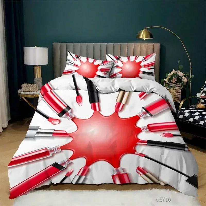 Fashion Bedding Set Makeup Cosmetic Theme Duvet Cover Polyester Perfume Lipstick Nail Polish Brush Print Quilt Cover King Size