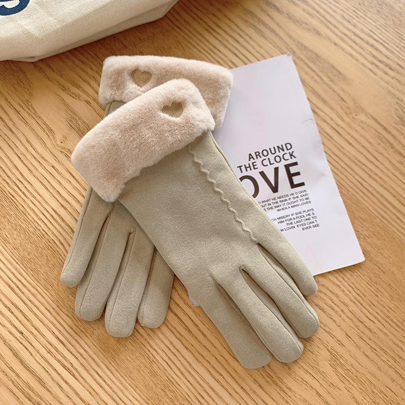 Gloves Women's Winter Warm Fleece Thickened Cute Riding Cold Wind Five-finger Touch Screen Plush Gloves