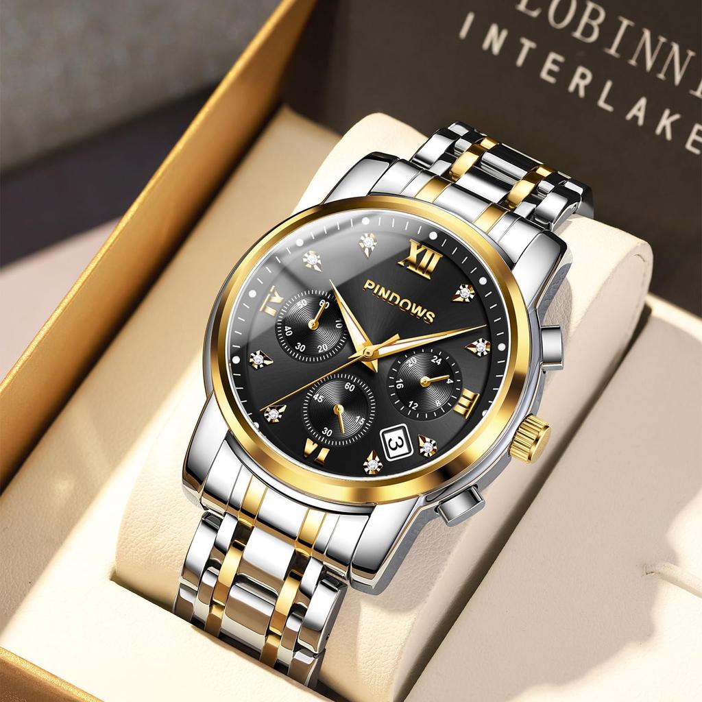 PINDOWS Diamond Business Dress Analog Quartz Luxury Waterproof Luminous Date Stainless Steel Classic Fashion Watch Men's Watch, Display, Two-Tone