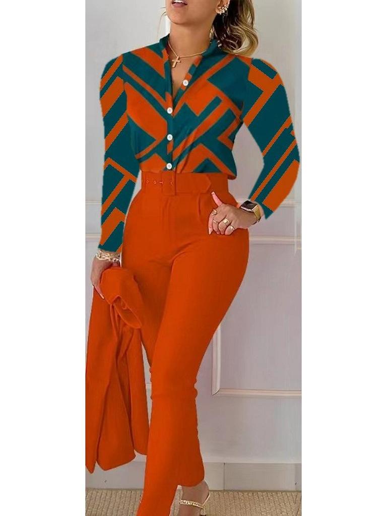Printed Long-Sleeve Top & Solid Color Pants Suit with Belt