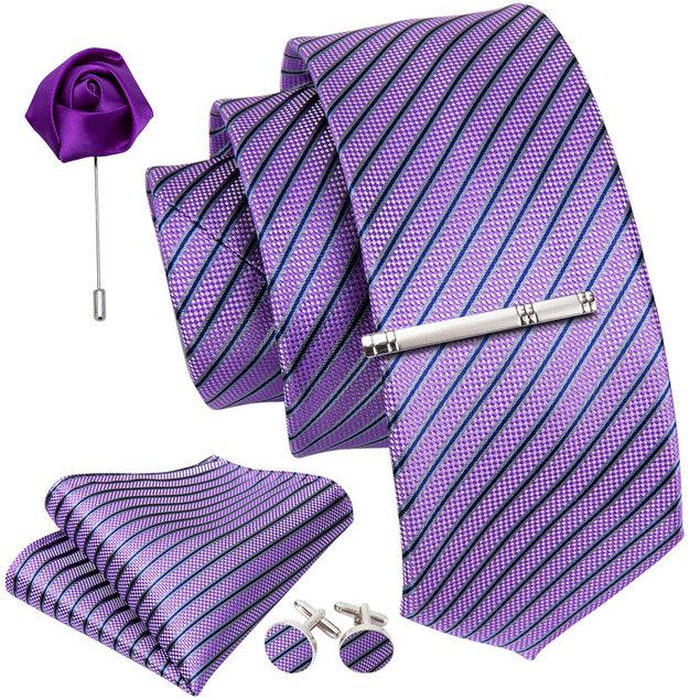 Barry, Wang Tie Set for Men Purple Paisley Silk Necktie Hanky Cufflinks Boutonniere Tie Clip Set