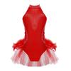 Kids Girls Dance Performance Costume Rhinestone Mesh Patchwork Sleeveless Leotard Tulle Skirted Bodysuit