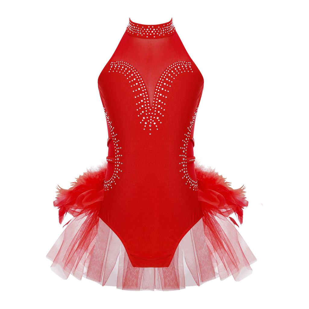 Kids Girls Dance Performance Costume Rhinestone Mesh Patchwork Sleeveless Leotard Tulle Skirted Bodysuit