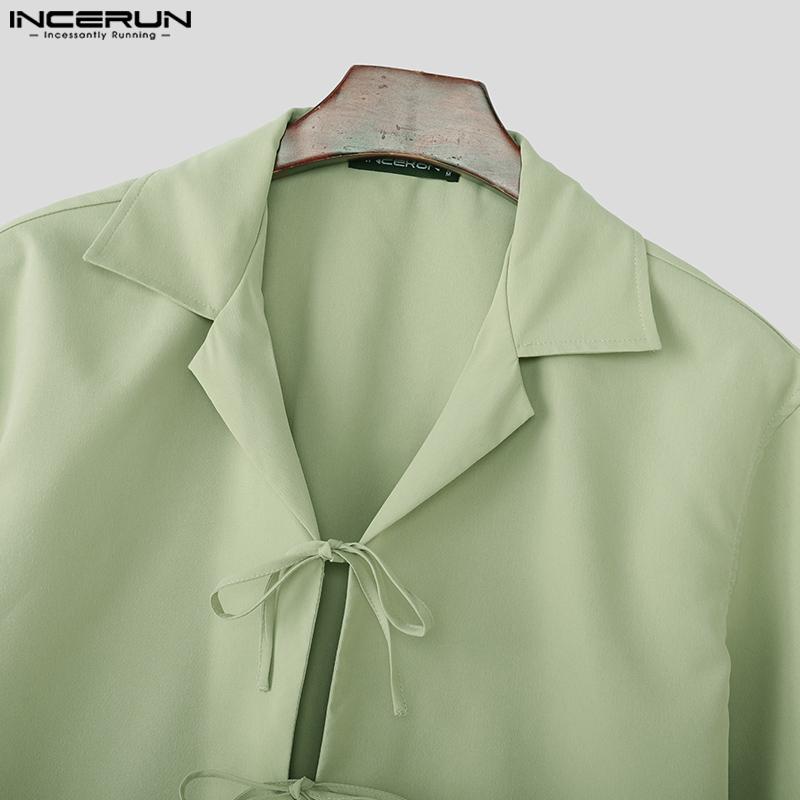 INCERUN Oversized Men Casual Lapel Neck Short Sleeve Bow Knot Solid Color Shirts Tops