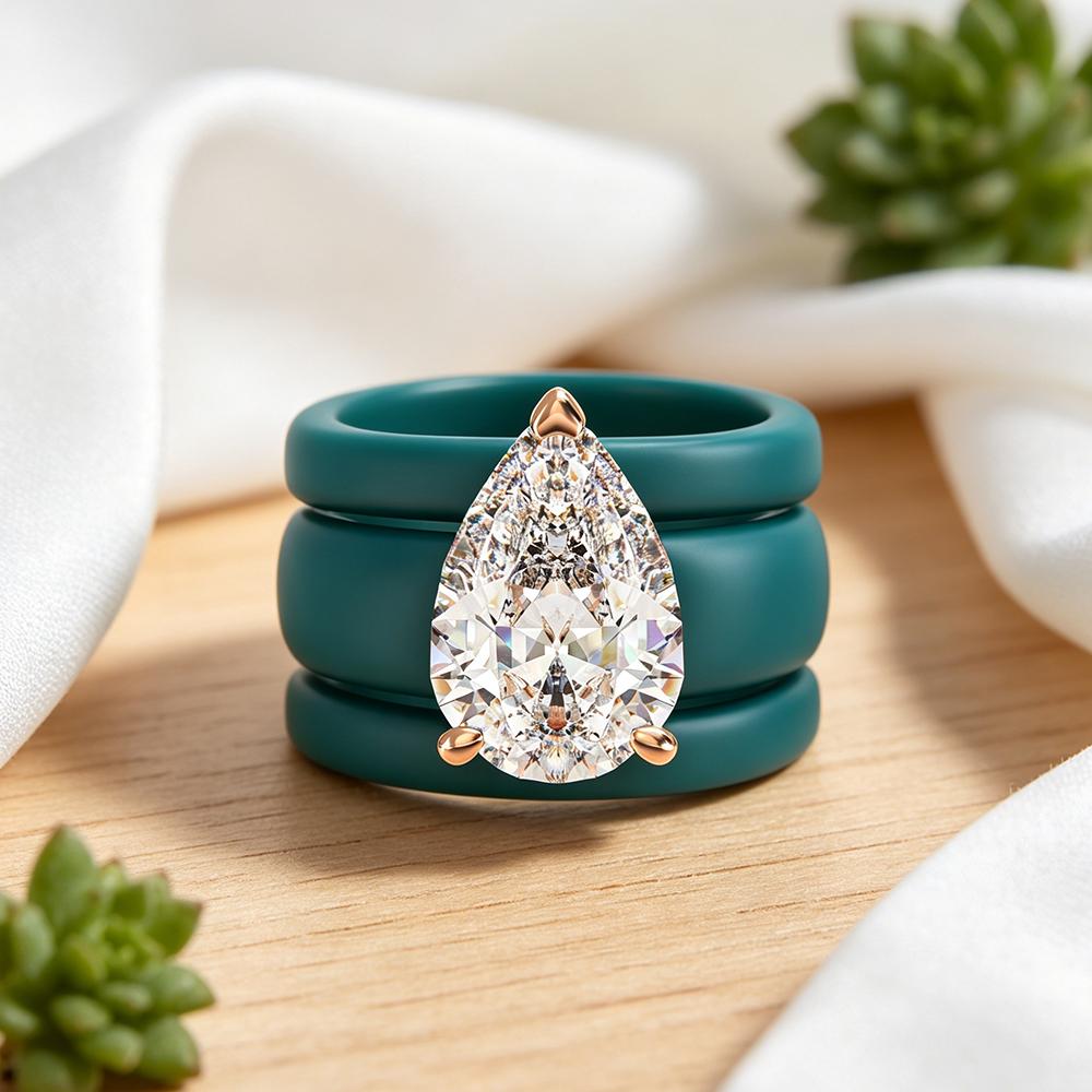 Women Triple Layer Emerald Green Matte Silicone Wedding Ring Big Teardrop CZ Diamond Rose Gold Prong Stacked Rubber Engagement B
