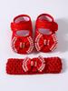 Baby Girls Lace Pearl Rhinestone Bow Crib Shoes & Matching Crochet Headband Set, Soft Dot Anti-Slip Magic Tape Mary Jane Princess Shoes