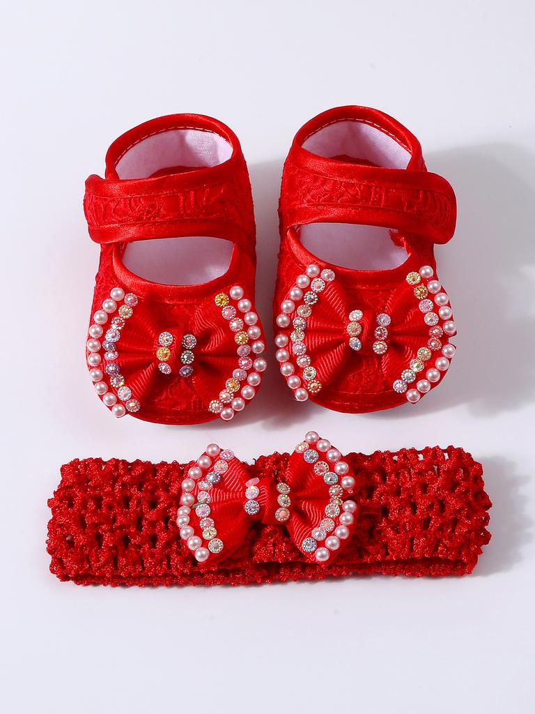 Baby Girls Lace Pearl Rhinestone Bow Crib Shoes & Matching Crochet Headband Set, Soft Dot Anti-Slip Magic Tape Mary Jane Princess Shoes