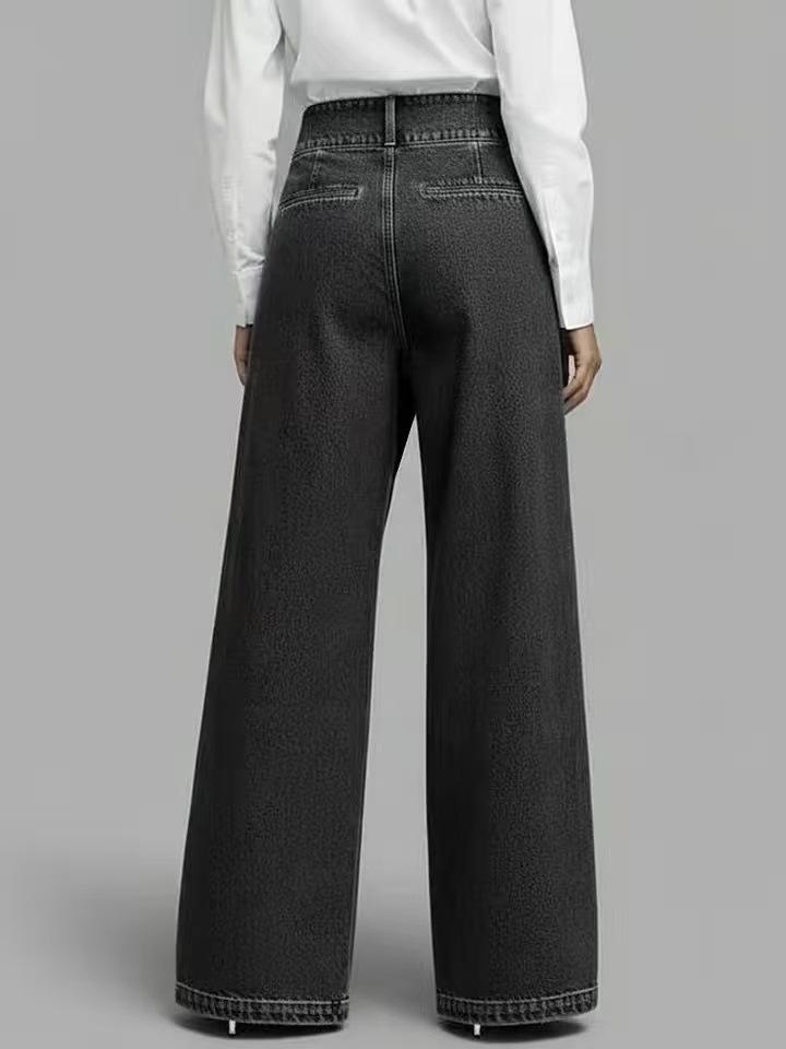 2026 Cross-Border Flare Faux Denim Printed Button Straight-Leg Pants