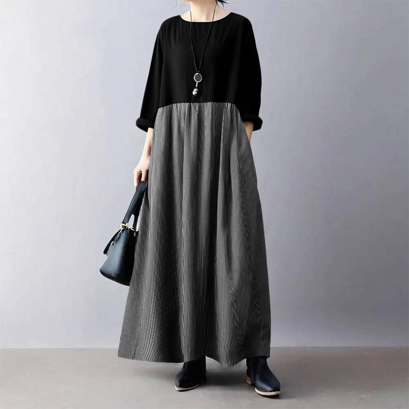 

ZANZEA Женское повседневное платье с круглым вырезом, рукавами 3/4, свободное, в полоску, пэчворк, длинное S чёрный