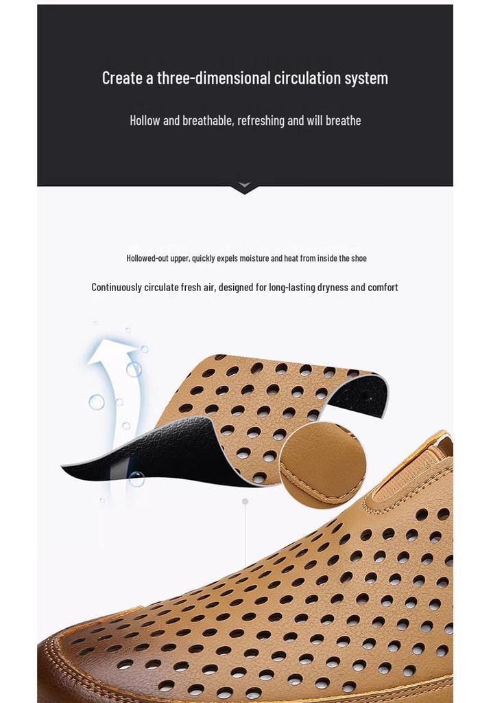 Men's Breathable Leather Slip-On Hollow Casual Sandals