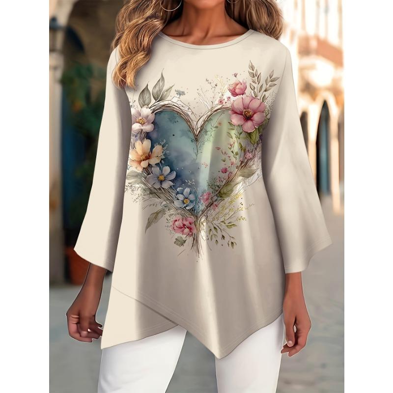 Women s Elegant Large Size Simple Floral Heart Pattern Print Cross Hem Round Neck Long Sleeve T-Shirt S