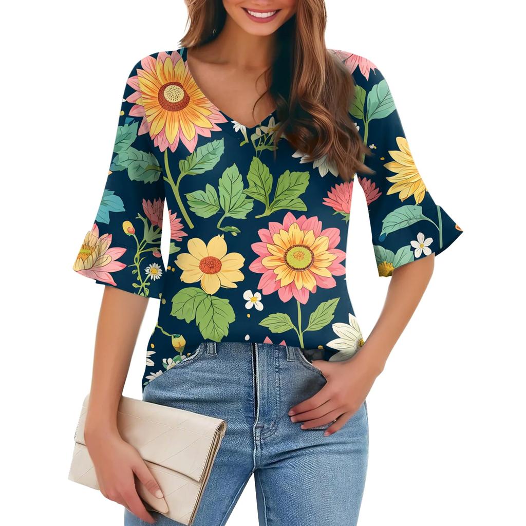 Damen Casual Fashion V-Ausschnitt Pullover Lose Pendeln Floral Fünf-Punkt-Ärmel T-Shirt Top