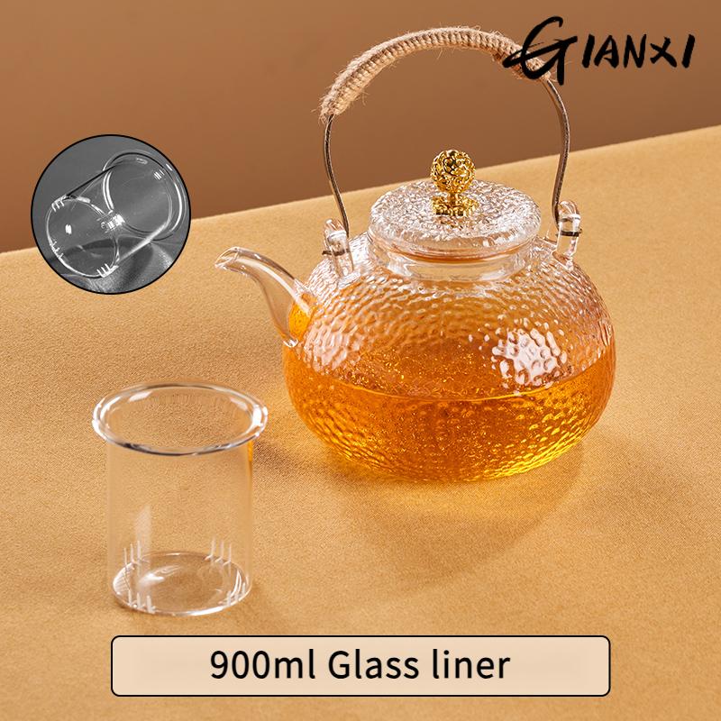 GIANXI Cam Demlik Seti Çin Evi Büyük Kapasiteli Misafir Ağırlama Kung Fu Demlik Seti Çekiç Tasarımı Dokuma Kenevir Halat Saplı Çaydanlık