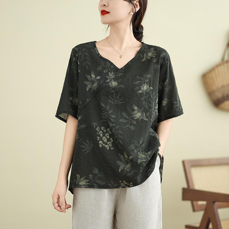 Cotton and Linen New Chinese Large-size Women's Summer Thin Retro Ethnic Style Versatile Loose V-neck Short-sleeved T-shirt for Women