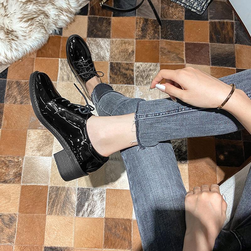 Women's Black British-Style Genuine Leather High Heels - Soft Sole, 2025 Autumn Collection