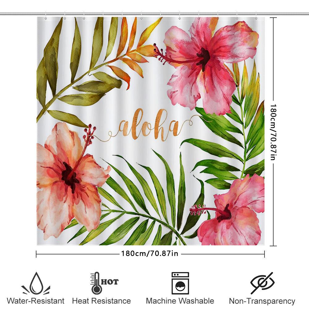 Hawaiian Shower Curtain Tropical Flowers Hibiscus Palm Leaves Beach Themed Decor Waterproof Bathroom Curtains Ocean Vibes Coasta