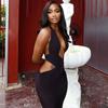 Women Halter Deep V Cutout Bodycon Maxi Dress Solid Color Ruched Mermaid Pencil Dress Black Club Party Evening Dress 2025 Summer Streetwear