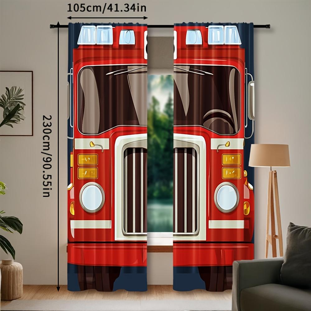 Set Of 2 Cartoon Fire Truck Curtains Print Design Black Red Fighting Vehicle Draperies Bedroom Kitchen Living Curtain Polyester Ideal For Decor