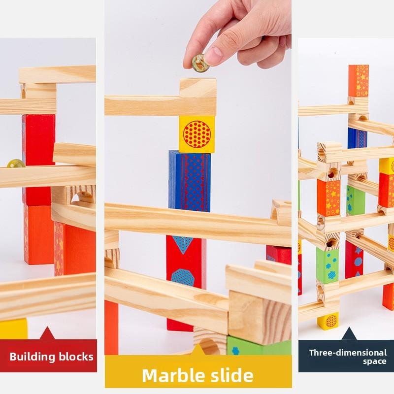 Wooden Childrens Educational Stacking Marble Track Building Blocks With Visual Tracking For Early Learning
