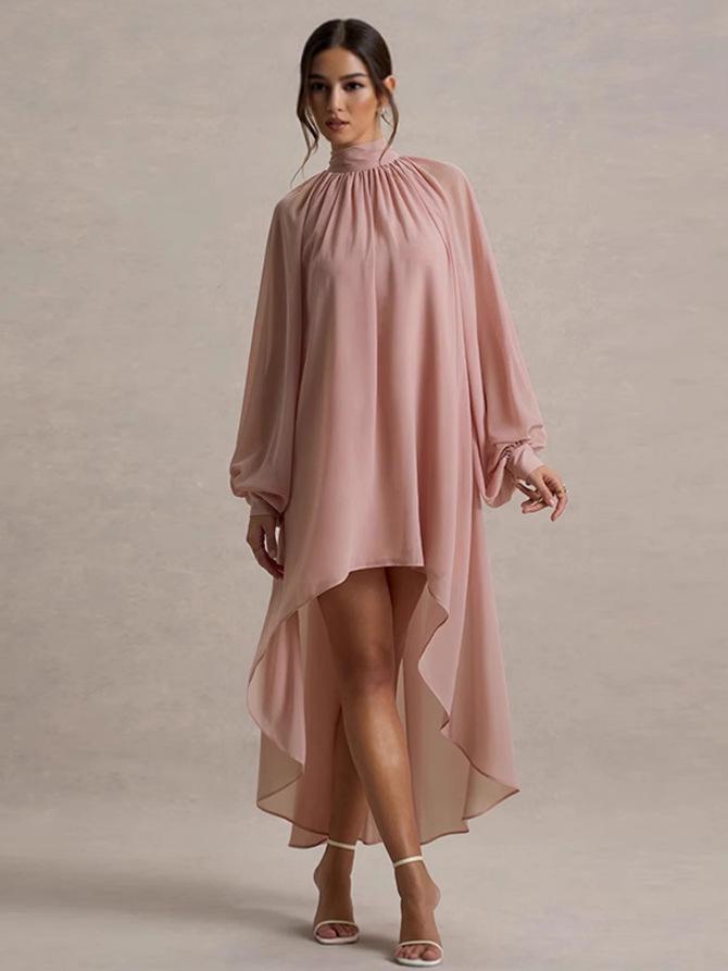 Elegant Women's Long Sleeve High Neck Pleated Dress