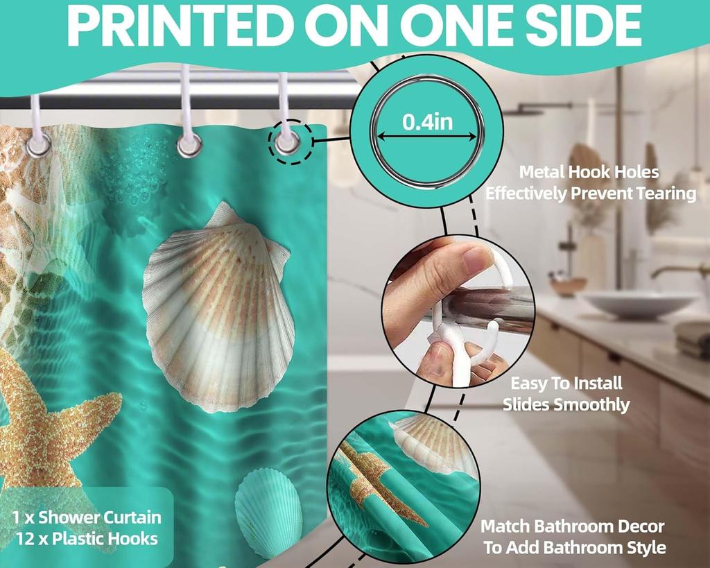 Beach Shower Curtain Ocean Beachy Sea Shell Coastal Teal Bathroom Decor, Waterproof Cloth Fabric With Hooks 70" W X 72" L