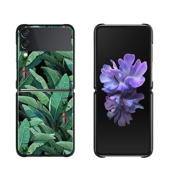 Phone Case For Samsung Galaxy Z Flip3 5g Back Pc Case For Samsung Z Flip Capa Black Shell Hard Fundas Vintage Banana Leaf Flower