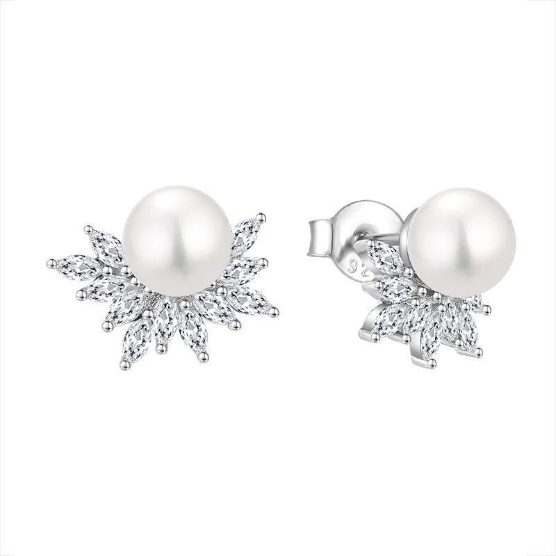 Light Luxury Freshwater Pearl & Cubic Zirconia Sterling Silver Stud Earrings 925 Silver