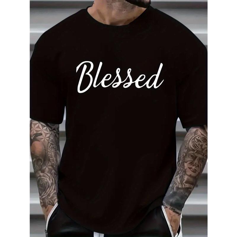 Men s Novelty Letter BLESSED Print T-shirt, Casual Fashion Tee, Street Style Short Sleeve Crew Neck Shirt 2XL чёрный