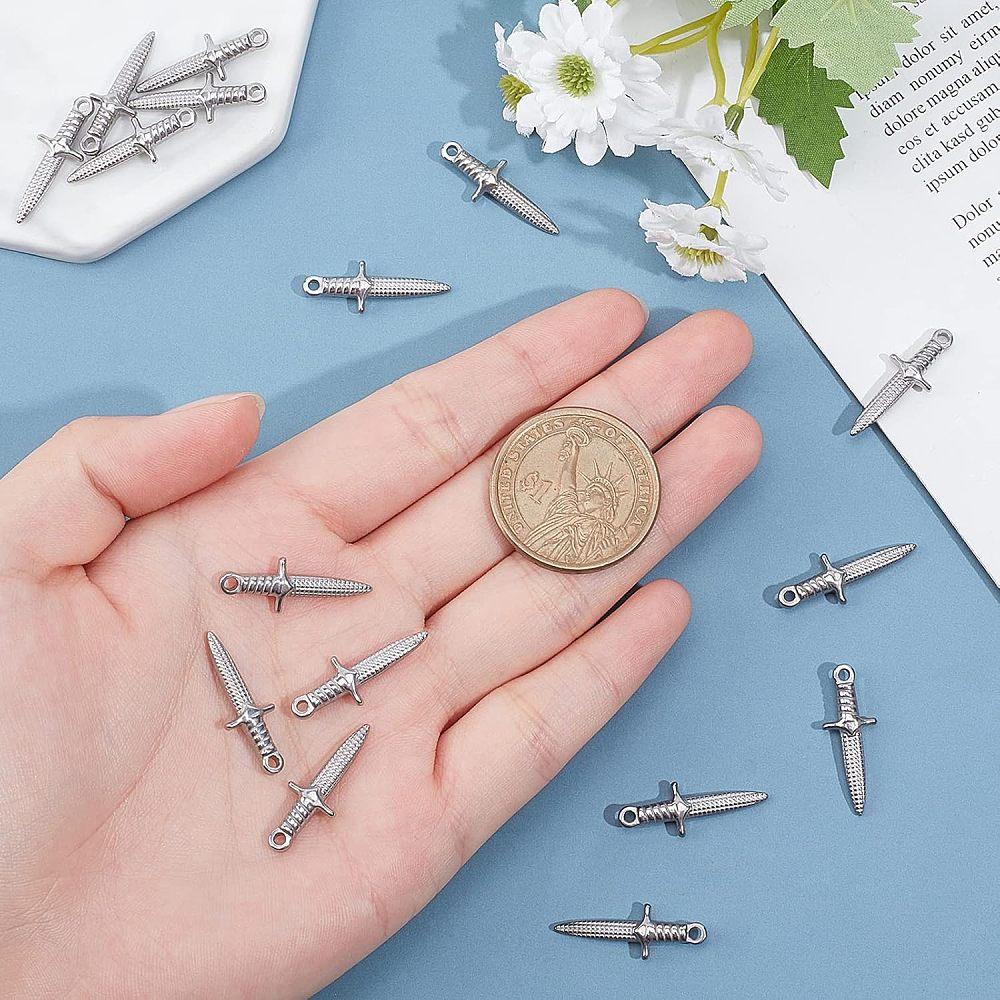 304 Stainless Steel Pendants Dagger Stainless Steel Color 24x9x3.5mm Hole: 1.6mm 16pcs/box