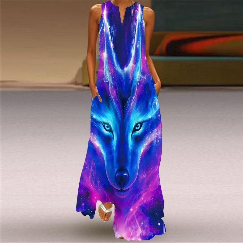Fashion Style 3D Print Dress Animal Pattern Stage Show Stylish Clothing V Neck Sleeveless Pocket Maxi Dress