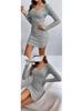 2026 European & American Slim-Fit Ribbed V-Neck Long-Sleeved Hip-Hugging Dress for Spring & Autumn