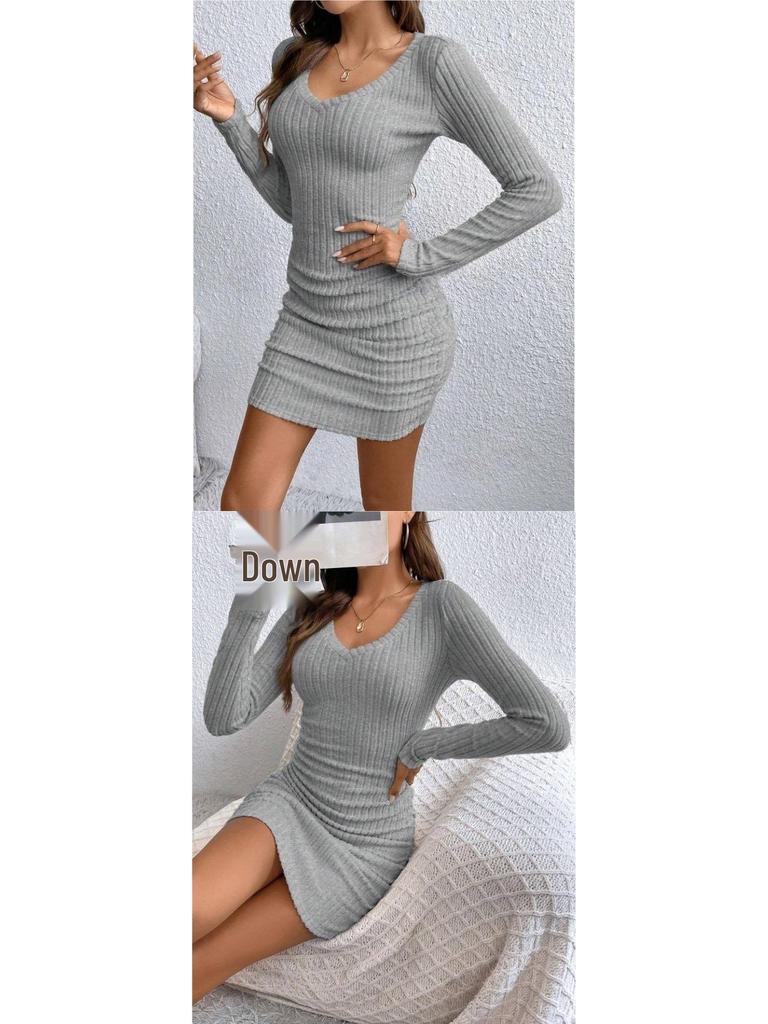 2026 European & American Slim-Fit Ribbed V-Neck Long-Sleeved Hip-Hugging Dress for Spring & Autumn