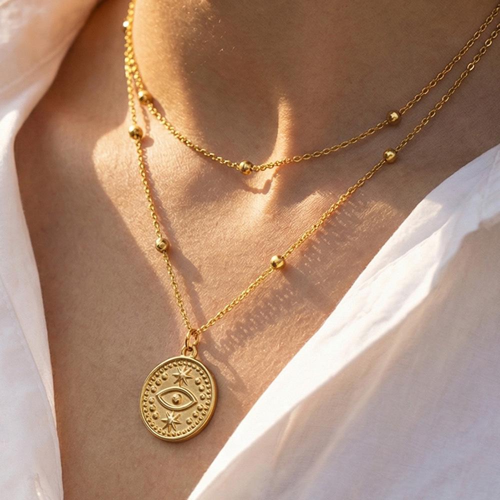 18K Gold Plated Evil Eye Double Layer Necklace with Simple Design