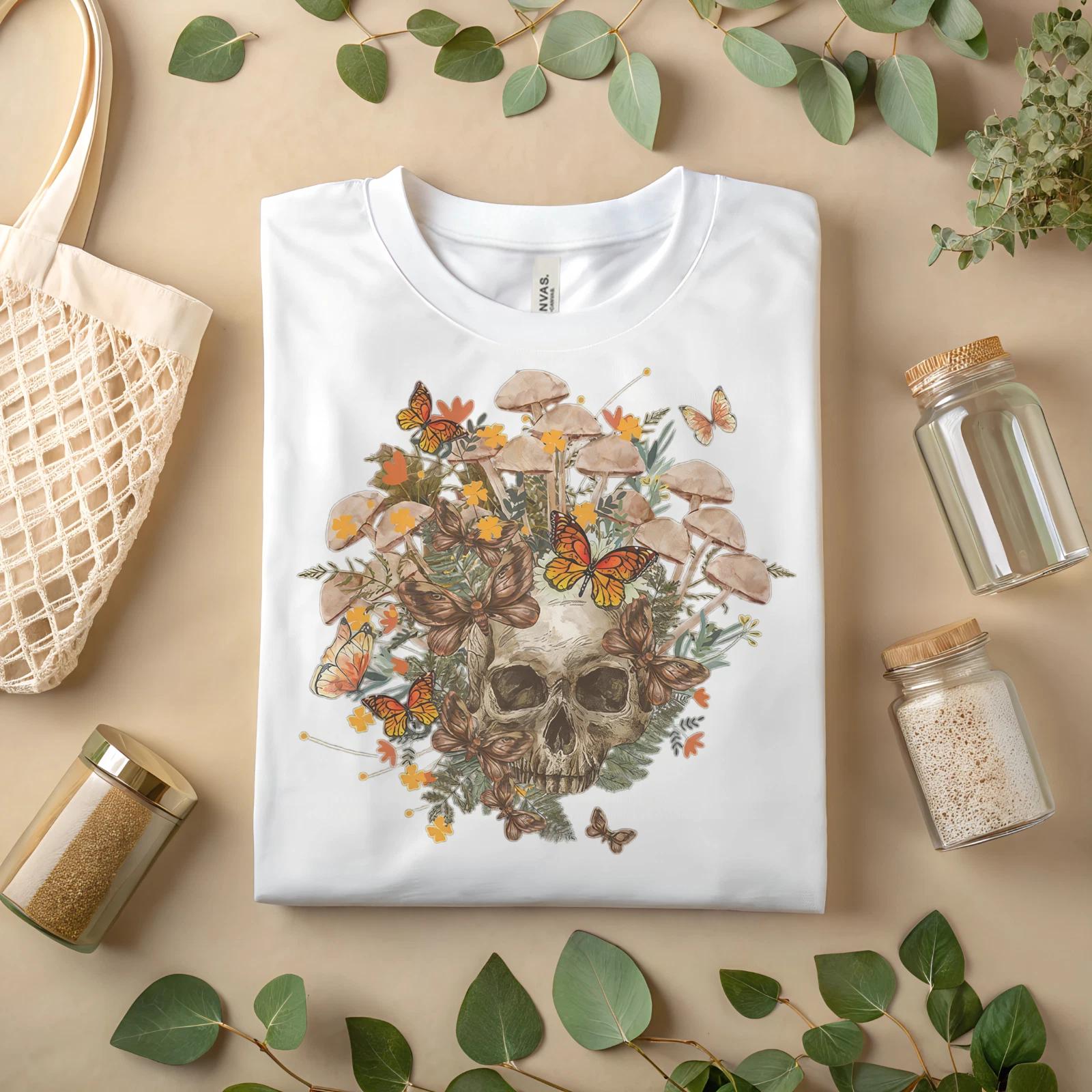 Skull Mushroom Butterfly T-Shirt Vintage Gothic Nature Graphic Tee A65 L