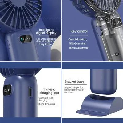 USB-Handventilator, Mini-Ventilator, faltbar, tragbar, zum Aufhängen am Hals, wiederaufladbarer USB-Ventilator mit 5 Geschwindigkeiten, mit Telefonständer und Anzeigebildschirm