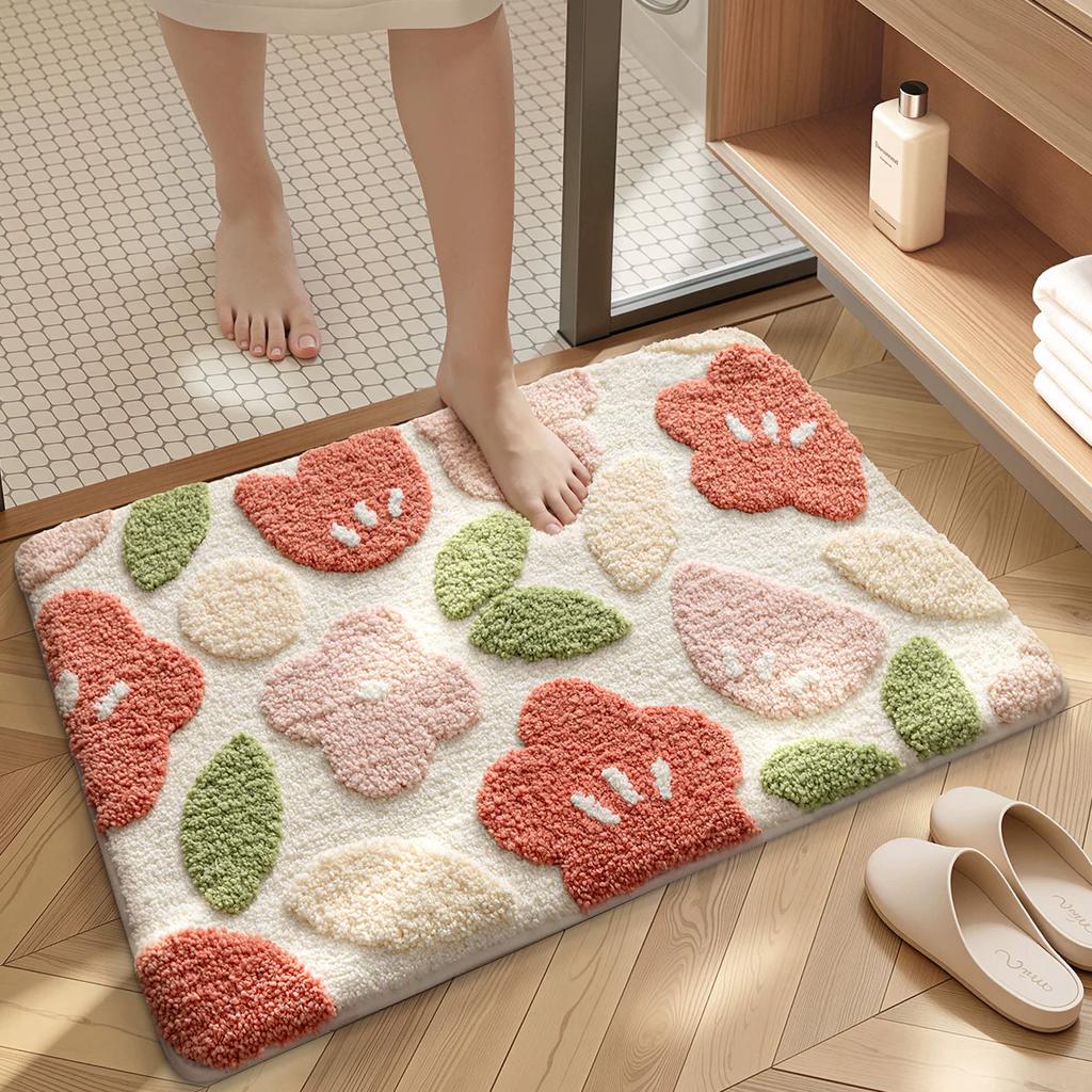 Strong Water-Absorbing Floor Mat At the Bathroom Entrance, Plush Quick-Drying Non-Slip Foot Mat, Pink Floral Carpet for the Shower Room