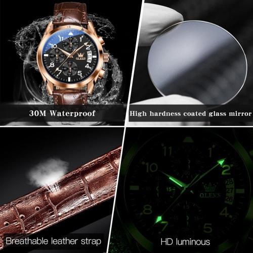 OLEVS Men's Business Waterproof Watch with Brown Leather Strap, Popular Wristwatch for Men, Easy-to-Read Clock, Date Display, Simple Quartz Movement,