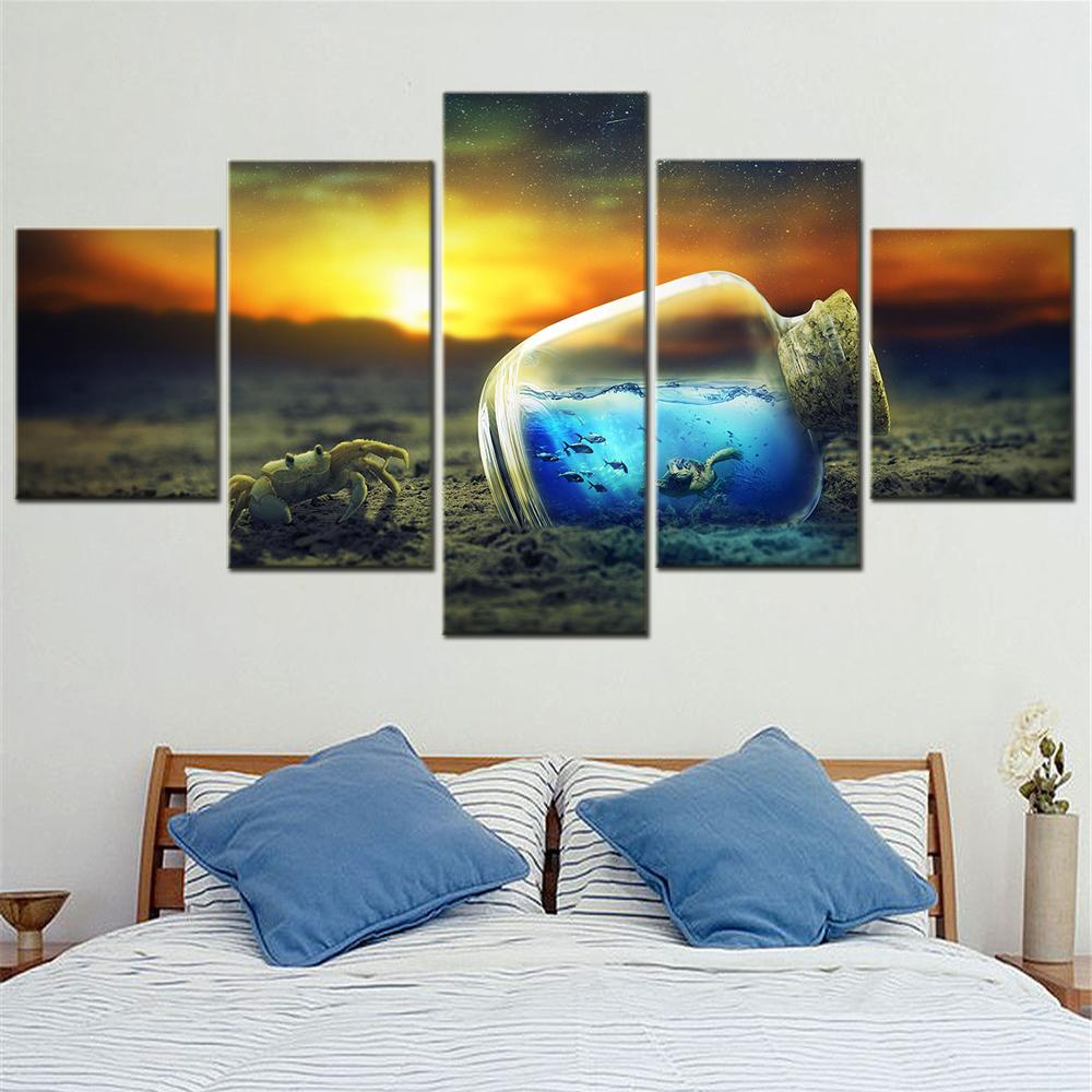 

Ocean World Underwater Bottle Wall Art Canvas Set Sunset Beach Modular Paintings Modern Home Decor for Interior Room Decoration 20X35 20X45 20X55cm