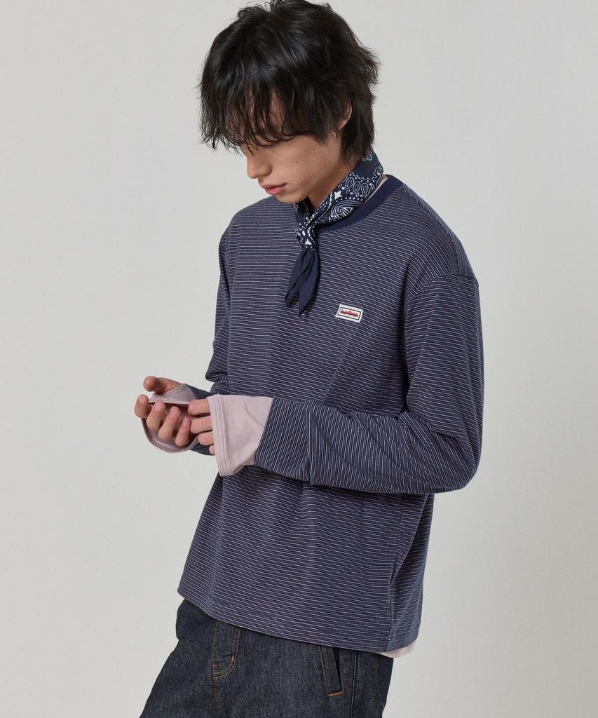 TOULN BRICK Tb-Semi-Crop Striped Long Sleeve Tee Bl (E6W10G3206)